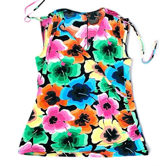 Milano Floral Tunic Sleeveless Faux Wrap Top Women 1X Plus Colorful Artsy Ruched - Picture 1 of 11